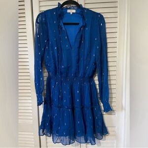 🦋 NSR blue semi sheer long sleeve metallic dot mini Dress​​ women's size M 🦋